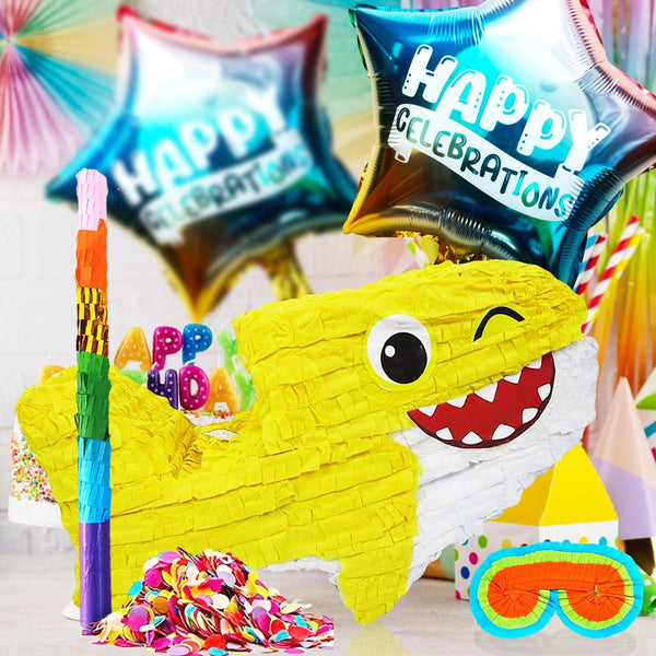 Baby Child Shark Pinatas Party Set for Kids Fiesta Celebrations with Buster Stick, Blindfold, Confetti, and Happy Celebration Balloons