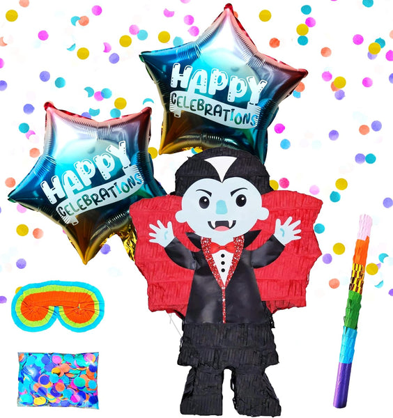 Vampire Pinatas, Ideal for Halloween Celebrations, October Themed Parties, Kids Birthday Games includes Busterstick, Blindfold, Confetti and 2 Happy Halloween Ballons