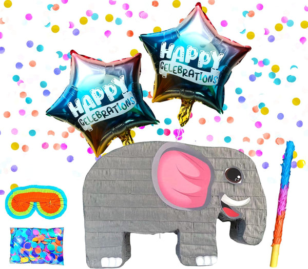 Elephant Pinatas Perfect for Kids AnimalThemed Birthday Parties, Adorable Decoration & Fun Party Game for Boys and Girls Includes Buster Stick, Blindfold, Confetti & 2 Balloons