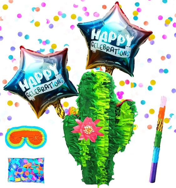 Cactus Pinatas for Mexican Fiesta, Perfect for Birthday and Theme Party Decorations with Fun Party Props with Buster Stick, Blindfold, Confetti, and 2 Balloons