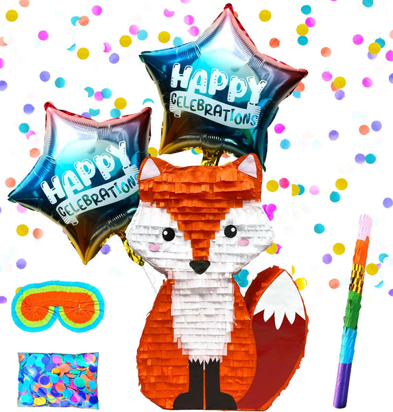 Fox Birthday Pinatas, Woodland Fox Animal Theme Pinatas for Fox-Themed Birthday Parties and Carnival Decor Includes Busterstick, Blindfold, Confetti and 2 Ballons