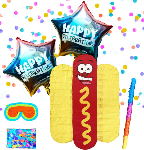 Hotdog Pinata Perfect Hotdog Party Favor & Birthday Decoration, Fun Table Centerpiece for Theme Parties & Mexican Fiesta Celebrations, Busterstick, Blindfold, Confetti and 2 Ballons