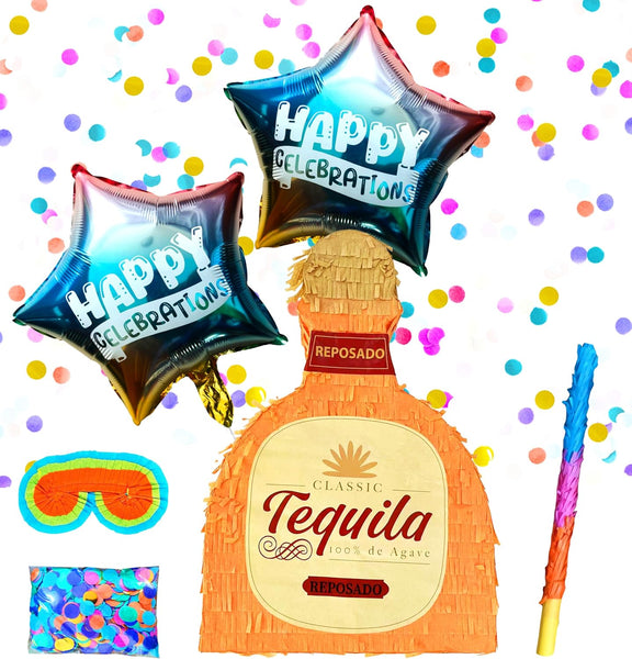 Tequila Bottle Pinatas Festive Mexican Party Decorations for Taco Parties, Birthdays, Anniversaries, and Carnivals Includes Busterstick,Blindfold,Confetti and 2 Happy Celerbations Ballons