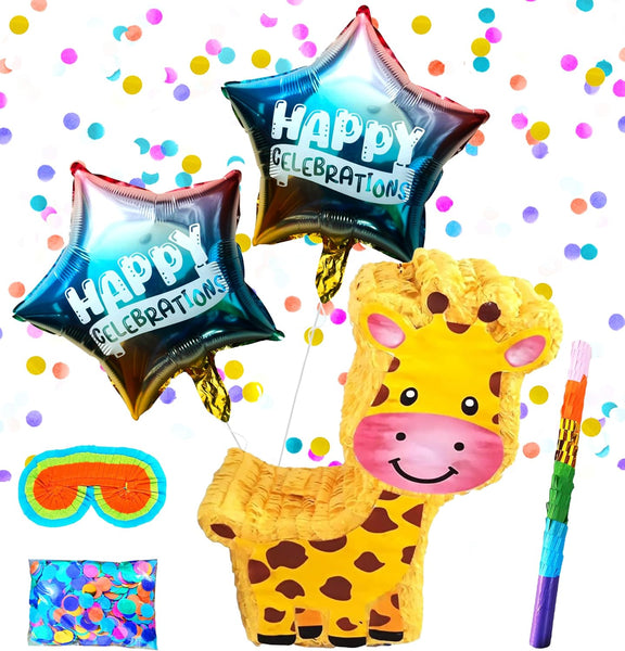 Giraffe Pinatas and Safari Party Supplies,Birthday Decorations, Themed Favors, and Pinata Game Fun Includes Busterstick, Blinfold, Confetti and 2 Happy Celebration Ballons