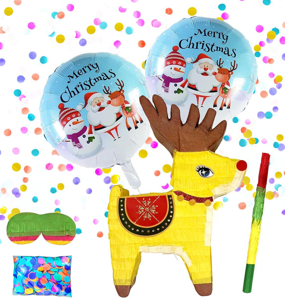 Reindeer Pinatas,Festive Christmas Decorations for Themed Celebrations and Holiday Party Games Includes Busterstick, Blindfold, Confetti and 2 Merry Chirstmas Ballons