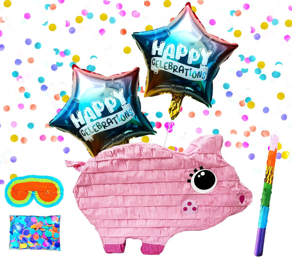 Pink Pig Pinatas, Cute Animal Design for Kids Birthday Parties, Perfect for Animal Themed Celebrations, Party Games, Photo Props Includes Busterstick, Blindfold, Confetti and 2 Ballons