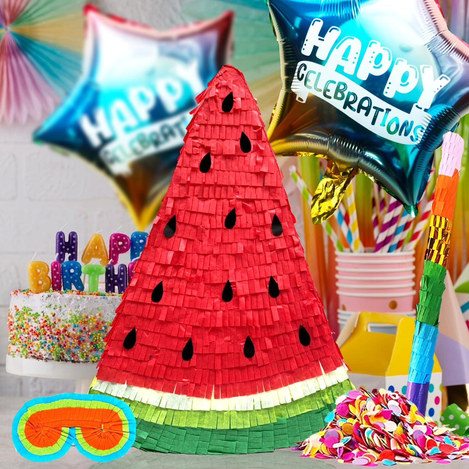 Watermelon Slice Pinatas Party Set for Summer Celebrations with Buster Stick, Blindfold, Confetti, and Happy Celebration Balloons