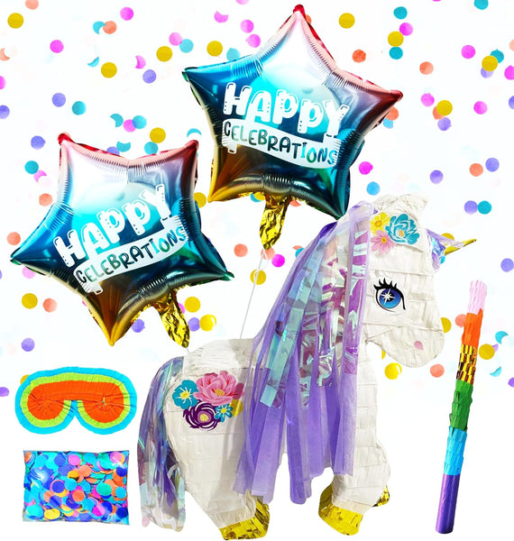 Unicorn Pinatas Party Set with Buster Stick, Blindfold, Confetti, and Happy Celebration Balloons - Perfect for Magical Birthdays and Celebrations