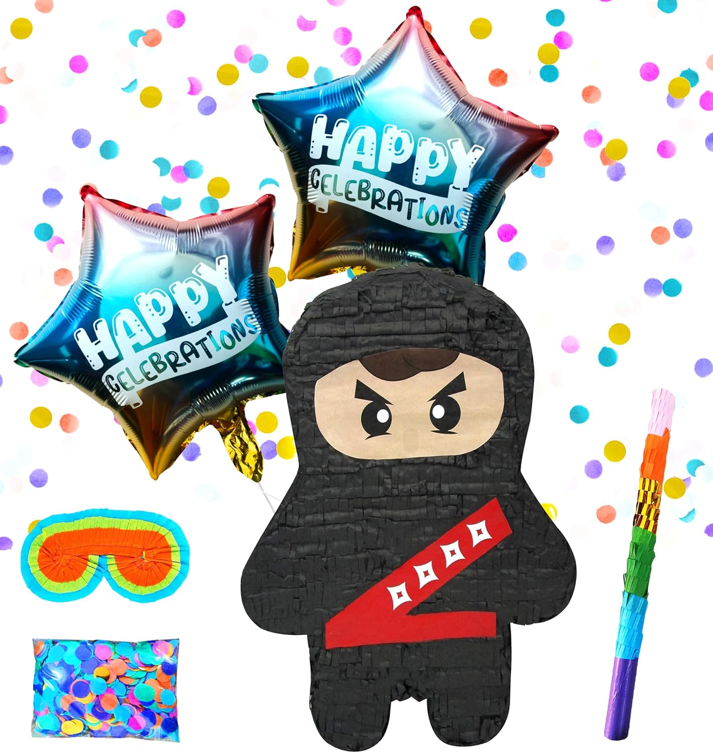 Ninja Pinatas and Birthday Party Supplies, Ultimate Decor for a Ninja Warrior Party Theme Pinatas With Blindfold, Busterstick, Confetti and 2 Ballons