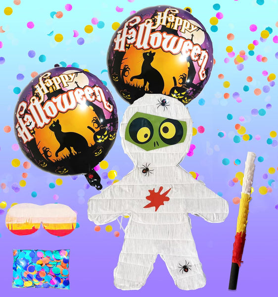 Mummy Pinatas, Perfect for Halloween Parties, Halloween Party Decorations, October Birthday celebrations includes Busterstick, Blindfold, Confetti and 2 Happy Halloween Ballons