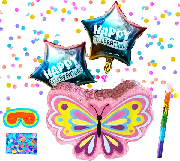 Butterfly Pinatas Perfect for Girls Butterfly Themed Birthday Party, Pink Butterfly Pinatas, Butterfly Decor & Fun Party Supplies Includes Busterstick, Blindfold, Confetti and 2 Ballons