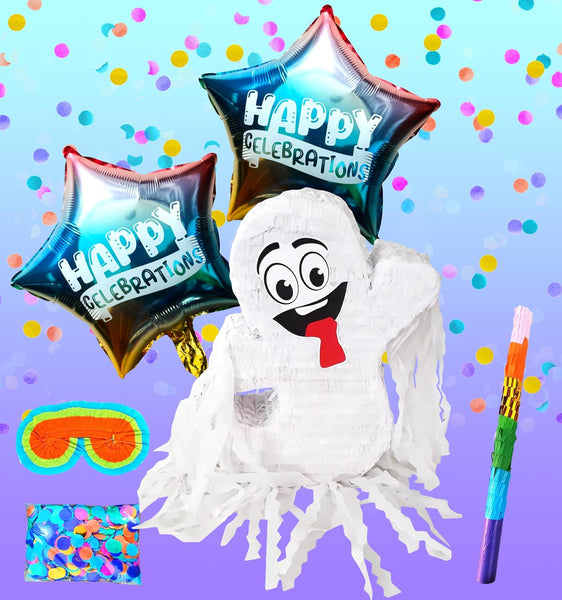 Halloween Happy Ghost Pinatas, The Perfect Centerpiece and Party Prop for Your Halloween Celebration with Busterstick, Blindfold, Confetti and 2 Happy Halloween Ballons