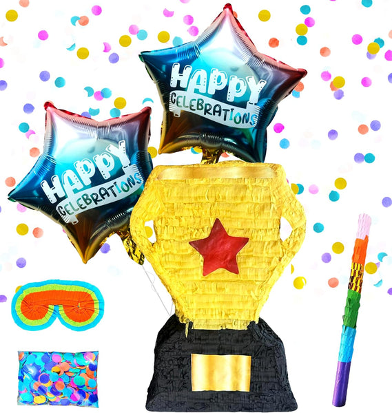 Trophy Pinatas for Birthday, Sports Theme Party Decorations, Celebrations, Party Props with Buster Stick, Blindfold, Confetti, and 2 Balloons