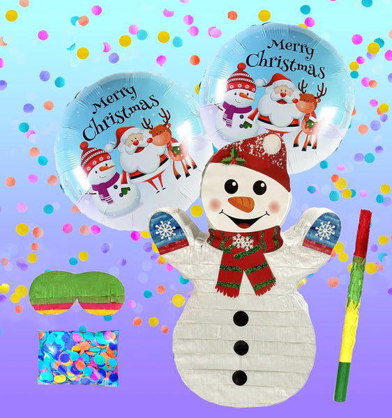 Snowman Pinatas Perfect for Christmas Decorations, Themed Celebrations, Holiday Party Games, Chirstmas Pinatas including Busterstick, Blindfold, Confetti and 2 Merry Chirstmas Ballons