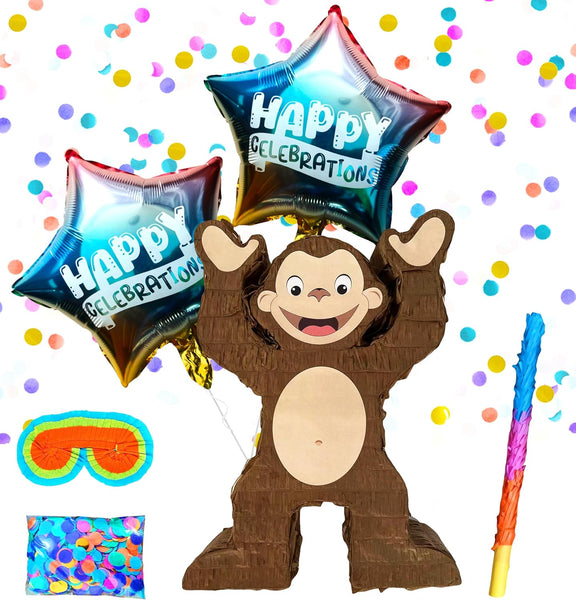 Cute Monkey Pinatas for Kids Birthday Parties, Fun Animal-Themed Decoration and Party Game Supplies Includes Busterstick, Blindfold, Confetti and 2 Happy Celebration Ballons