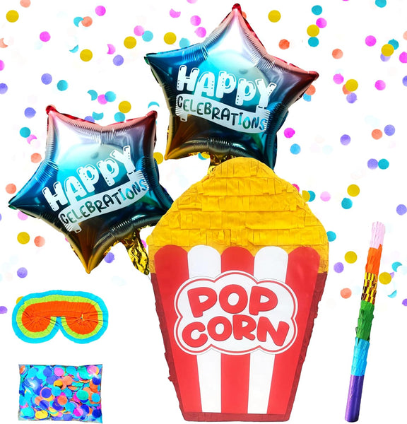 Popcorn Pinatas Perfect for Carnival & Movie Night Theme Parties | Fun Birthday Party Decorations & Supplies Includes Busterstick, Blindfold, Confetti and 2 Ballons