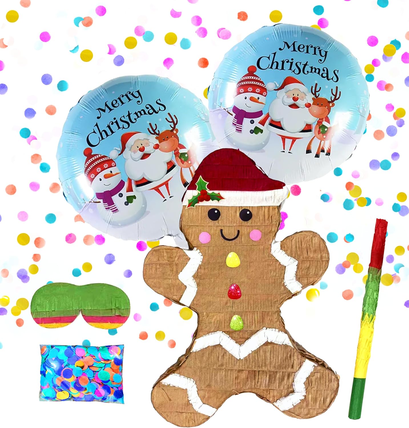 Gingerbread Man Pinatas Perfect Christmas Decorations for Themed Celebrations and Holiday Party Games Includes Busterstick, Blindfold, Confetti and 2 Merry Chirstmas Ballons