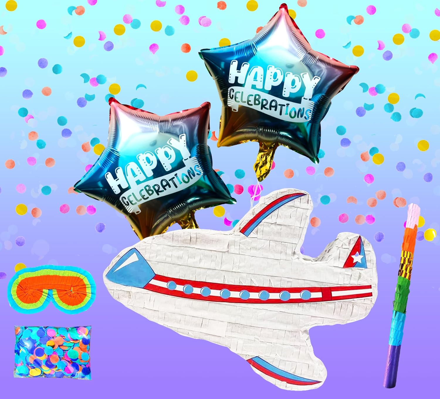 Airplane Pinatas Party Set with Buster Stick, Blindfold, Confetti, and Happy Celebration Balloons - Perfect for Aviation-Themed Birthdays and Celebrations