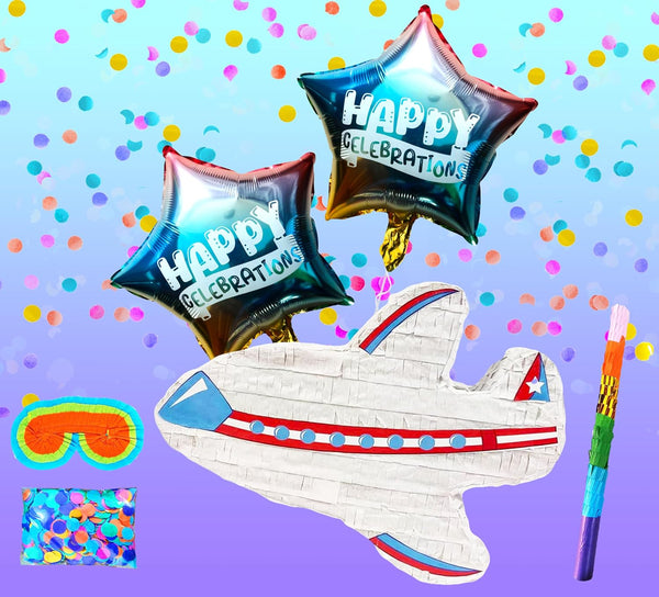 Airplane Pinatas Party Set with Buster Stick, Blindfold, Confetti, and Happy Celebration Balloons - Perfect for Aviation-Themed Birthdays and Celebrations