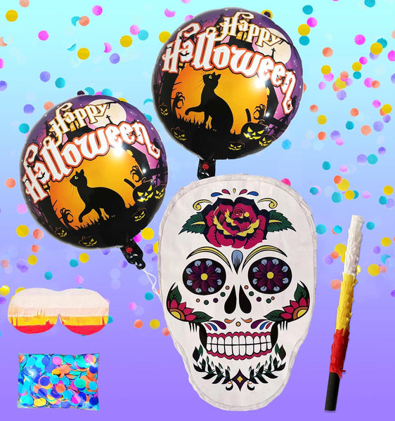 White Sugar Skull Pinatas, Perfect for Halloween Celebrations, Themed Parties, and Kids Birthday Games, Party Decorations including Busterstick, Blindfold, Confetti and 2 Happy Halloween Ballons