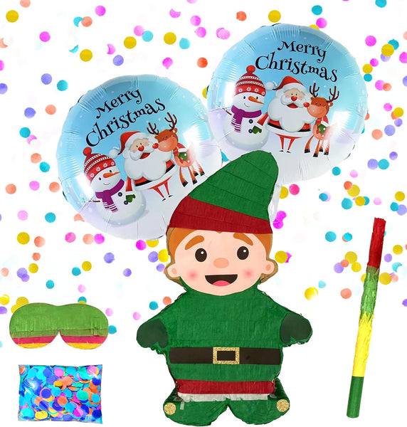 Elf Pinatas,Whimsical Christmas Decorations for Themed Celebrations and Holiday Party Games Includes Busterstick, Blindfold, Confetti and 2 Merry Chirstmas Ballons