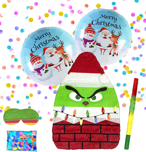 Green Goblin Pinatas: Unique Christmas Decorations for Themed Celebrations and Holiday Party Games Includes Busterstick, Blindfold, Confetti and 2 Merry Chirstmas Ballons