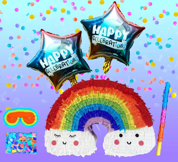 Rainbow Pinatas Set for Birthday Party Girls,Perfect for Theme Parties and Decorations, Includes Buster Stick, Blindfold, Confetti & 2 Balloons