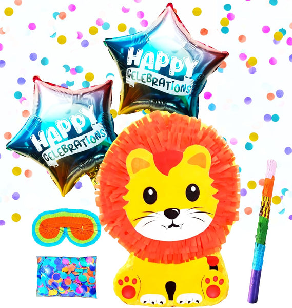 Lion Pinatas Party Set for Jungle-Themed Celebrations with Buster Stick, Blindfold, Confetti, and Happy Celebration Balloons