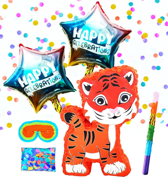 Tiger Pinatas For Animal Theme Party Decorations - Perfect for Birthday Celebrations with Buster Stick, Blindfold, Confetti, and 2 Balloons