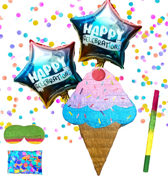 Ice Cream Pinatas, Fun Ice Cream Cone Shaped Design for Kids Birthdays,Summer Candy Themes, Girls Baby Showers & Beach Weddings, Party Supplies & Decorations Includes Busterstick, Blindfold, Confetti