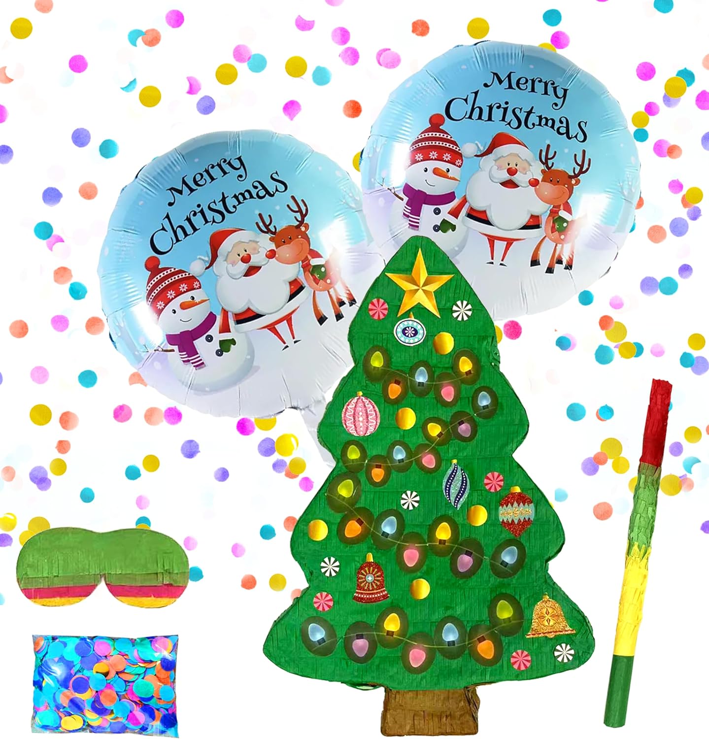 Christmas Tree Pinatas, Festive Christmas Decorations for Themed Celebrations and Holiday Party Games Includes Busterstick, Blindfold, Confetti and 2 Chirstmas Ballons