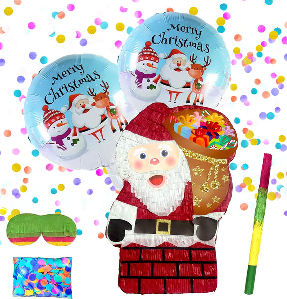 Santa Claus Pinatas, Santa Claus in Chimney Pinatas Festive Christmas Decorations for Themed Celebrations and Holiday Party Games Includes Busterstick,Blindfold,Confetti and 2 Chirstmas Ballons