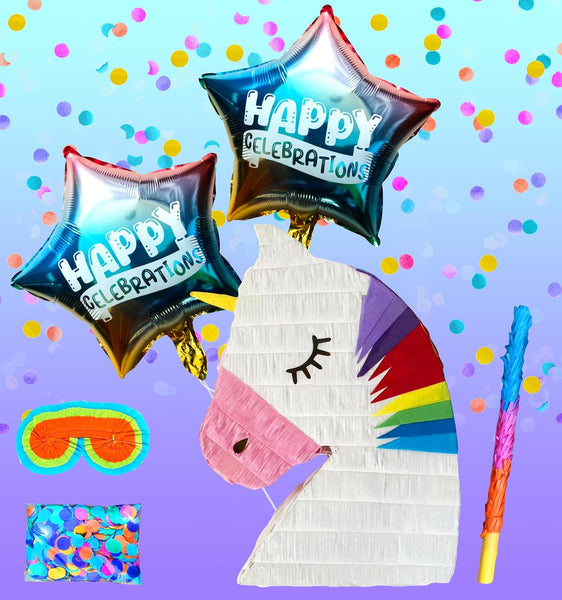 Unicorn Pinatas for Girls Birthday Parties, Magical Princess Party Supplies and Fiesta Decoration,Theme Birthday Party Game Includes Busterstick, Blindfold, Confetti and 2 Happy Celebrations Ballons